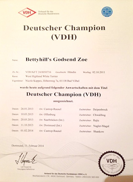 Zoes Urkunden :: Deutscher Champion VDH